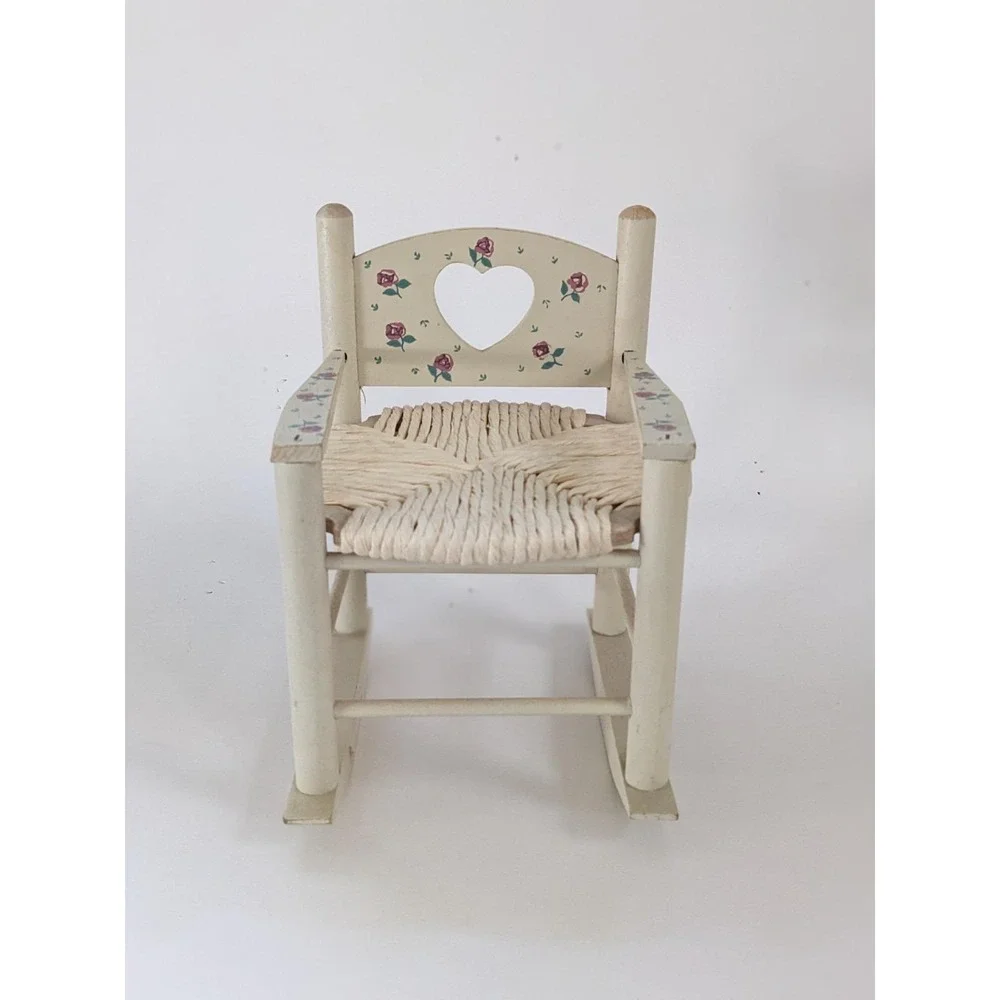 Vintage Miniature Wooden Rocking Chair Heart Cutout Rose Floral Woven Seat 8